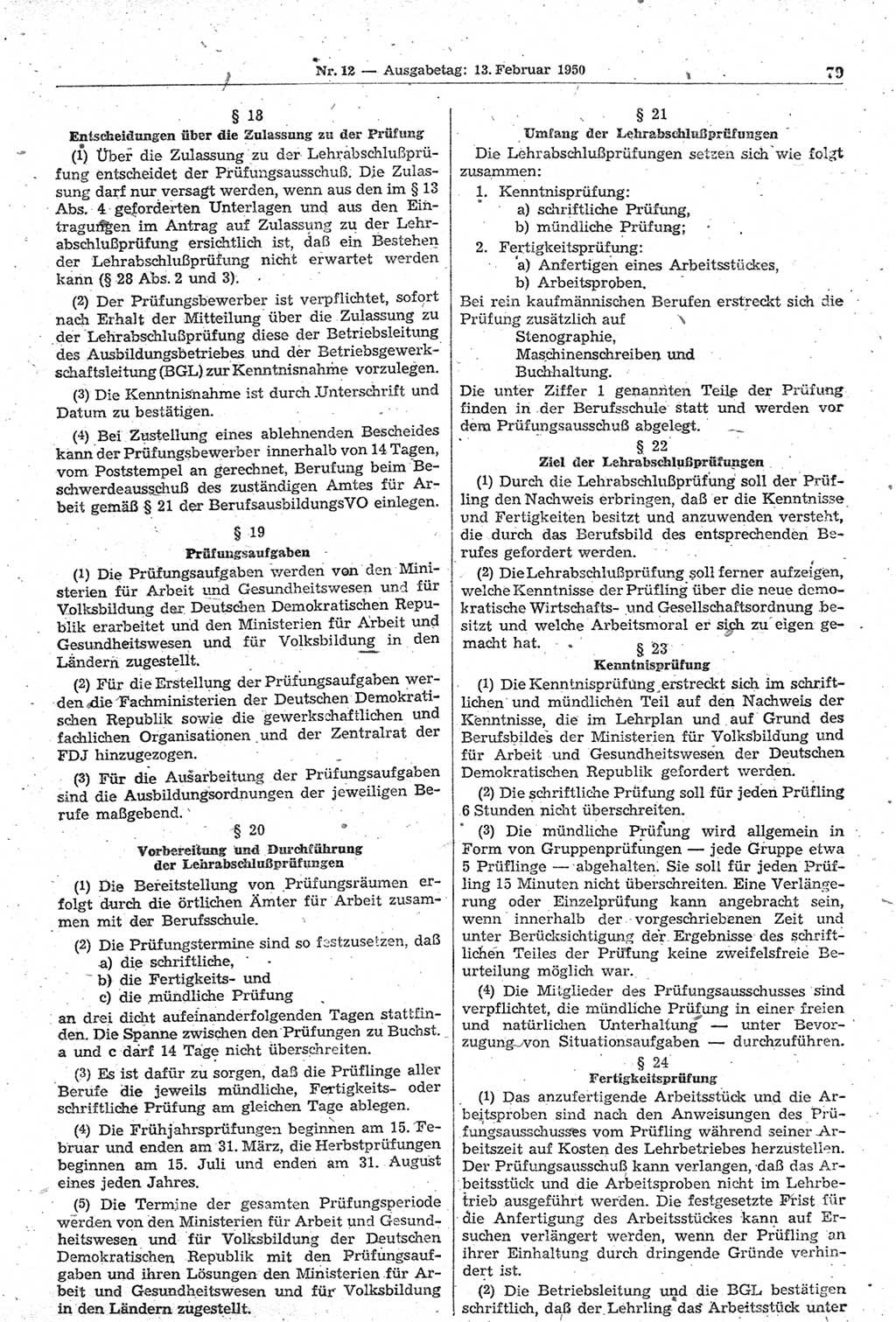 Gesetzblatt (GBl.) der Deutschen Demokratischen Republik (DDR) 1950, Seite 79 (GBl. DDR 1950, S. 79)