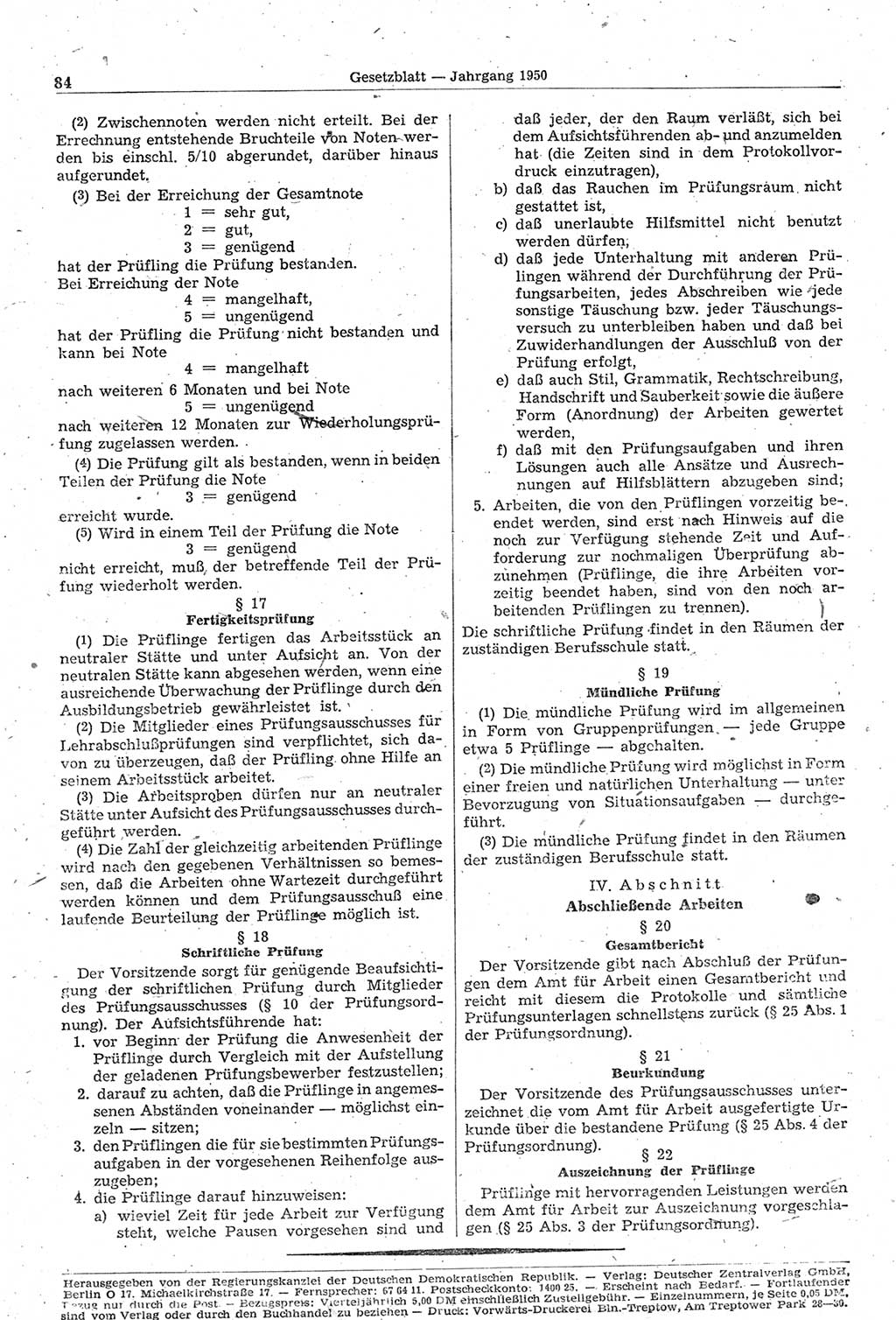 Gesetzblatt (GBl.) der Deutschen Demokratischen Republik (DDR) 1950, Seite 84 (GBl. DDR 1950, S. 84)