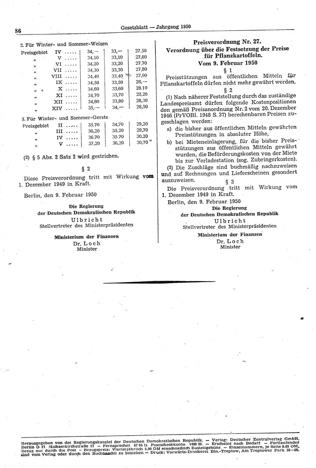 Gesetzblatt (GBl.) der Deutschen Demokratischen Republik (DDR) 1950, Seite 86 (GBl. DDR 1950, S. 86)