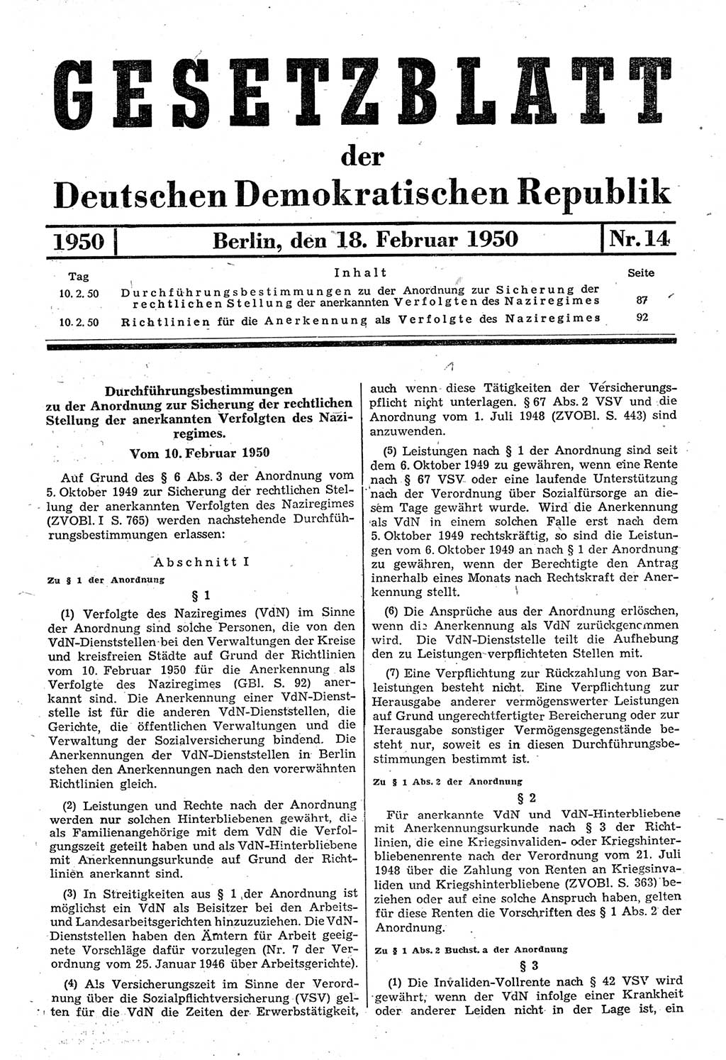 Gesetzblatt (GBl.) der Deutschen Demokratischen Republik (DDR) 1950, Seite 87 (GBl. DDR 1950, S. 87)