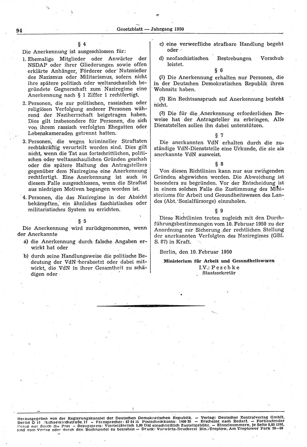 Gesetzblatt (GBl.) der Deutschen Demokratischen Republik (DDR) 1950, Seite 94 (GBl. DDR 1950, S. 94)