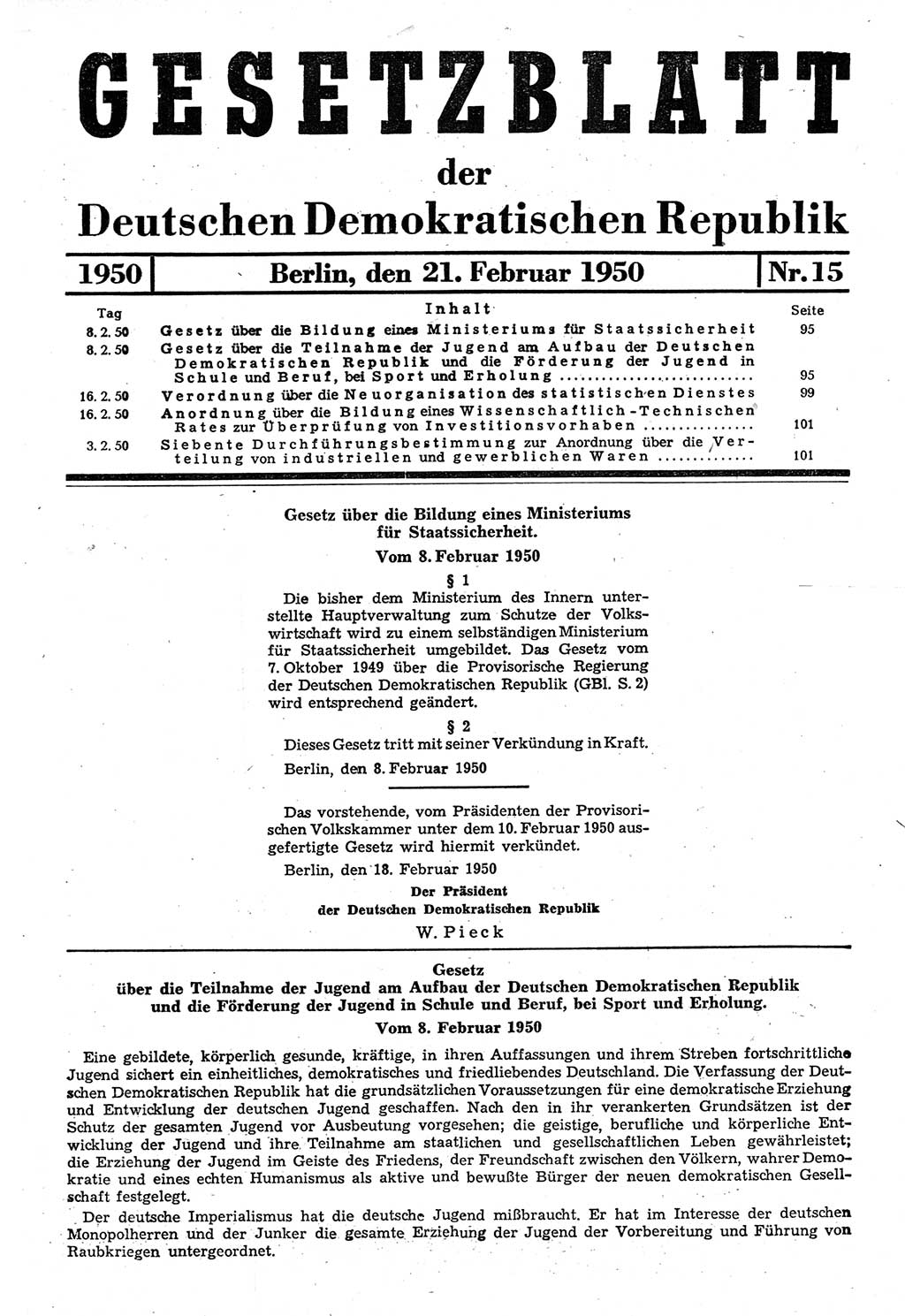 Gesetzblatt (GBl.) der Deutschen Demokratischen Republik (DDR) 1950, Seite 95 (GBl. DDR 1950, S. 95)