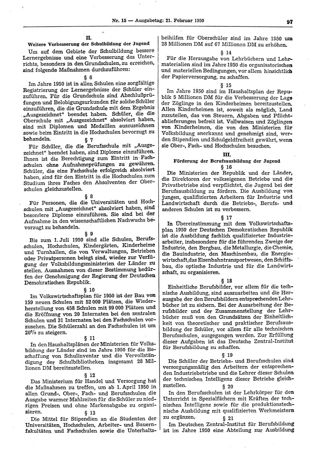 Gesetzblatt (GBl.) der Deutschen Demokratischen Republik (DDR) 1950, Seite 97 (GBl. DDR 1950, S. 97)