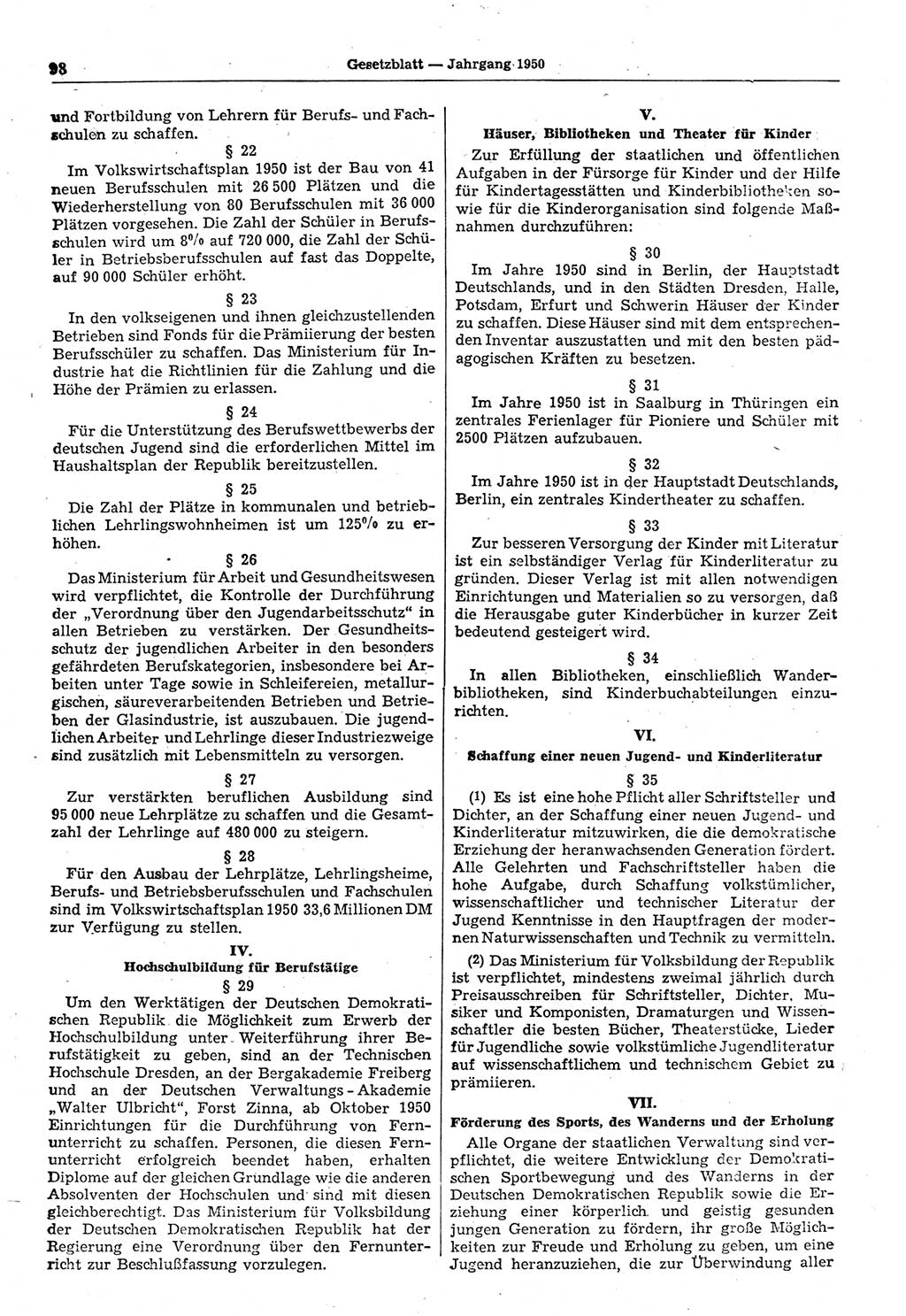 Gesetzblatt (GBl.) der Deutschen Demokratischen Republik (DDR) 1950, Seite 98 (GBl. DDR 1950, S. 98)