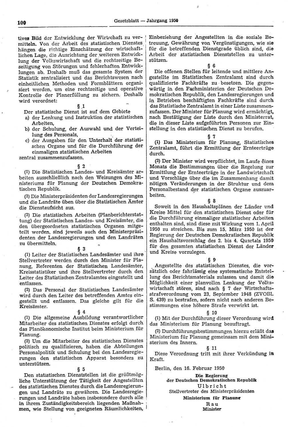 Gesetzblatt (GBl.) der Deutschen Demokratischen Republik (DDR) 1950, Seite 100 (GBl. DDR 1950, S. 100)