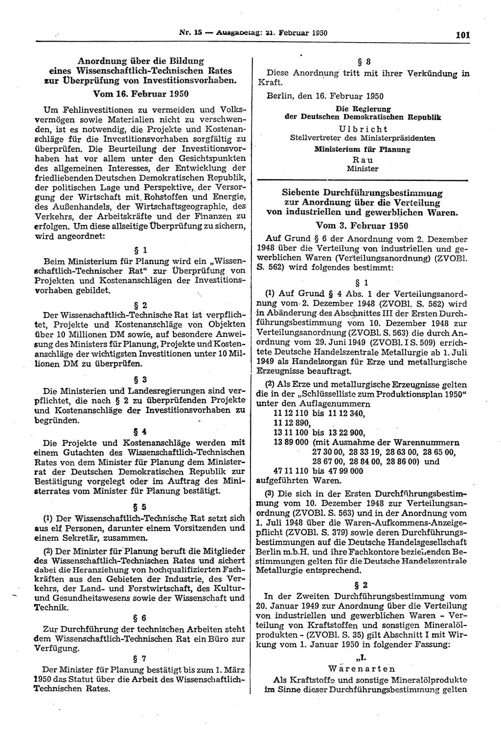 Gesetzblatt (GBl.) der Deutschen Demokratischen Republik (DDR) 1950, Seite 101 (GBl. DDR 1950, S. 101)