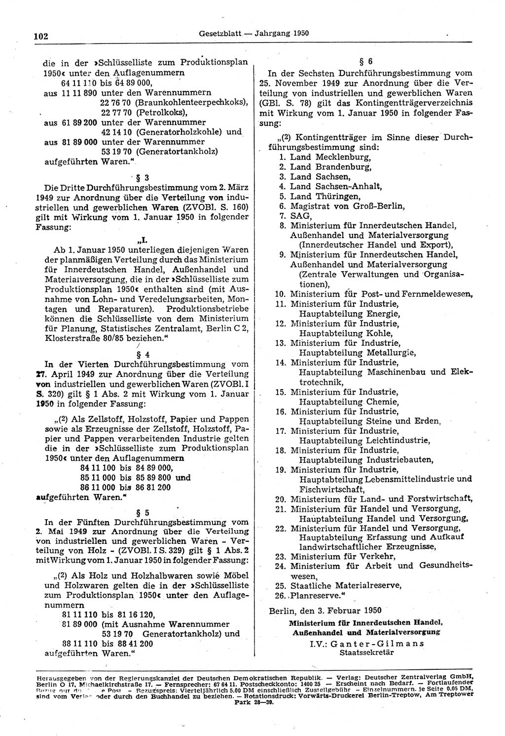 Gesetzblatt (GBl.) der Deutschen Demokratischen Republik (DDR) 1950, Seite 102 (GBl. DDR 1950, S. 102)