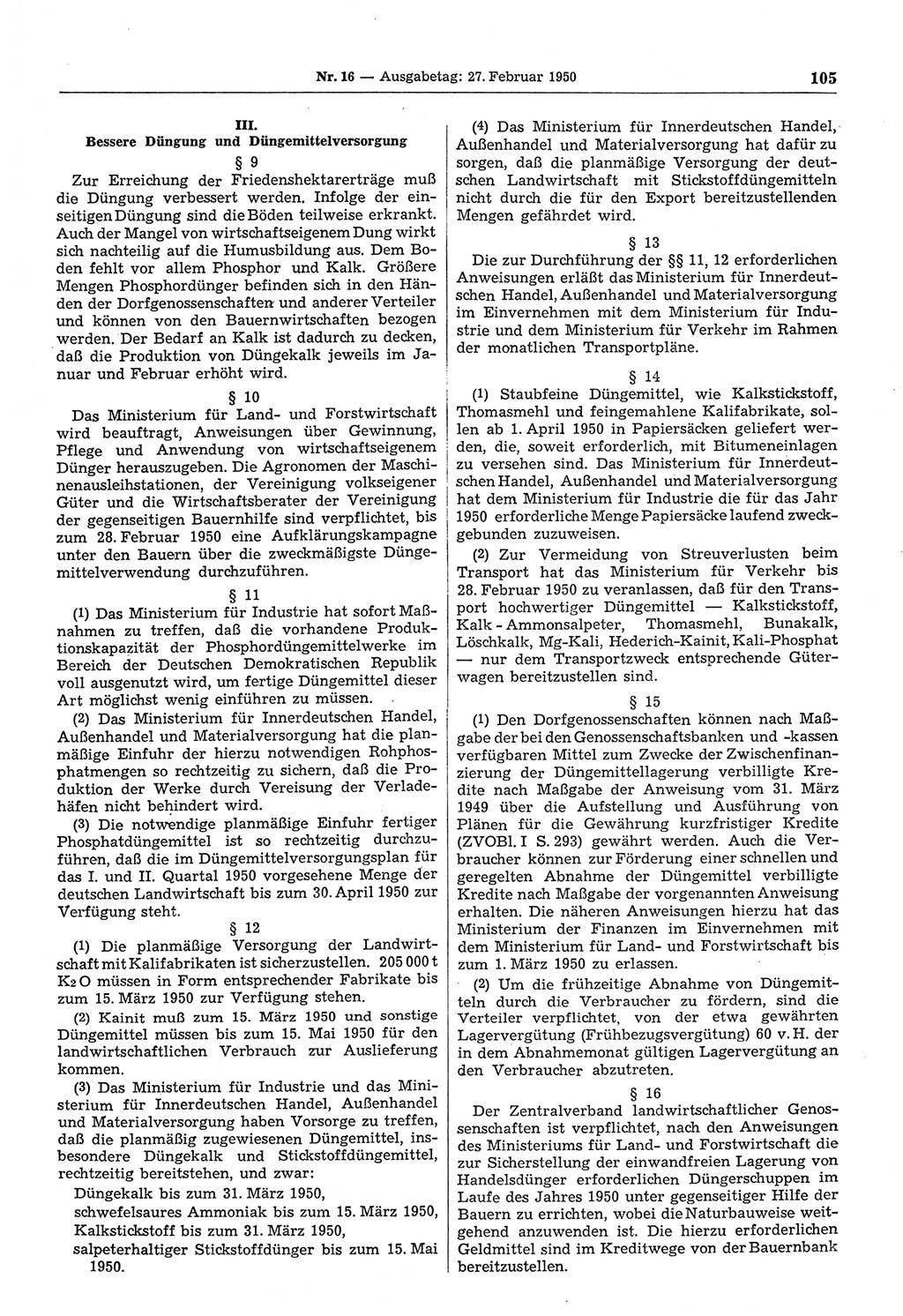 Gesetzblatt (GBl.) der Deutschen Demokratischen Republik (DDR) 1950, Seite 105 (GBl. DDR 1950, S. 105)
