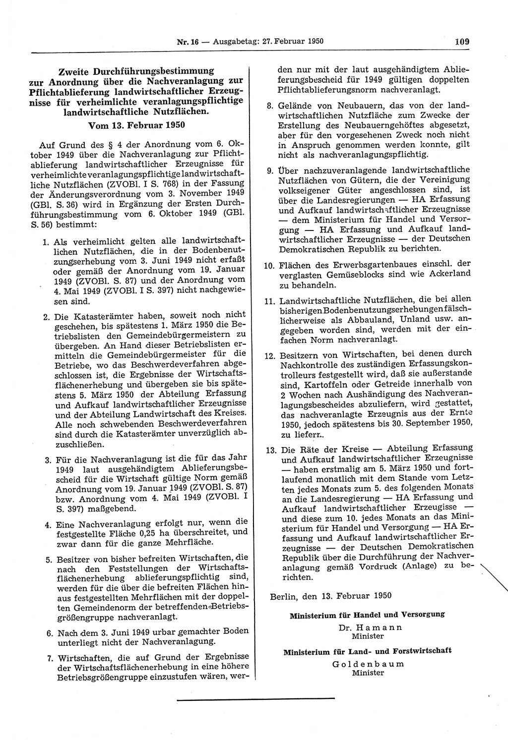 Gesetzblatt (GBl.) der Deutschen Demokratischen Republik (DDR) 1950, Seite 109 (GBl. DDR 1950, S. 109)
