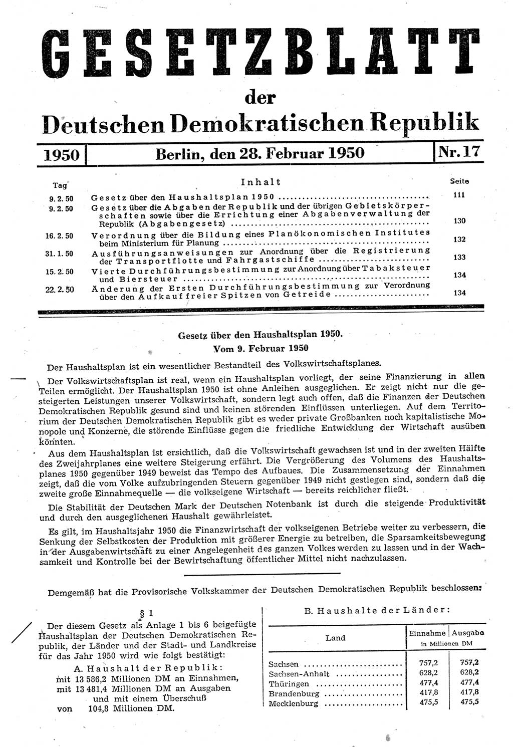 Gesetzblatt (GBl.) der Deutschen Demokratischen Republik (DDR) 1950, Seite 111 (GBl. DDR 1950, S. 111)