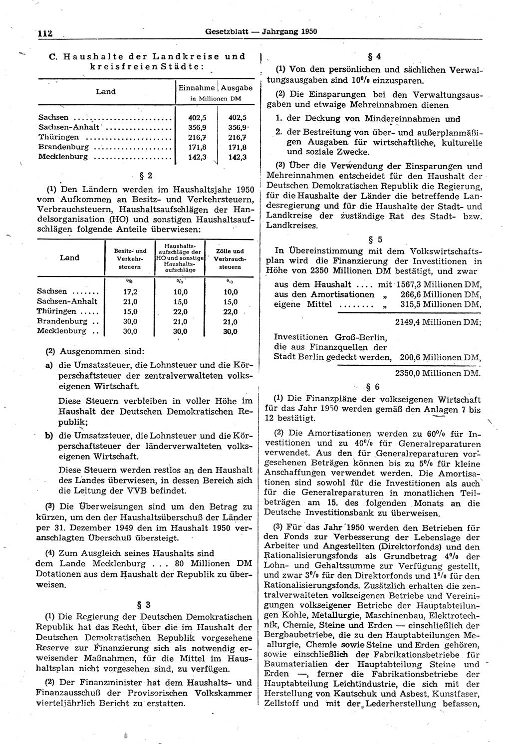 Gesetzblatt (GBl.) der Deutschen Demokratischen Republik (DDR) 1950, Seite 112 (GBl. DDR 1950, S. 112)