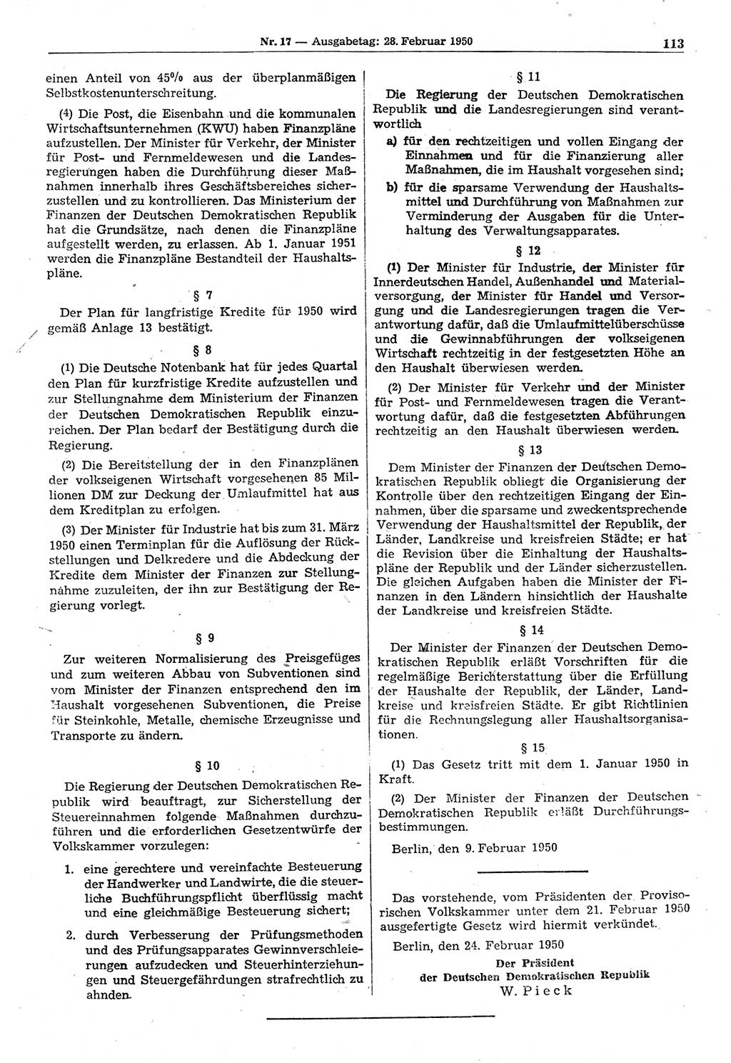 Gesetzblatt (GBl.) der Deutschen Demokratischen Republik (DDR) 1950, Seite 113 (GBl. DDR 1950, S. 113)