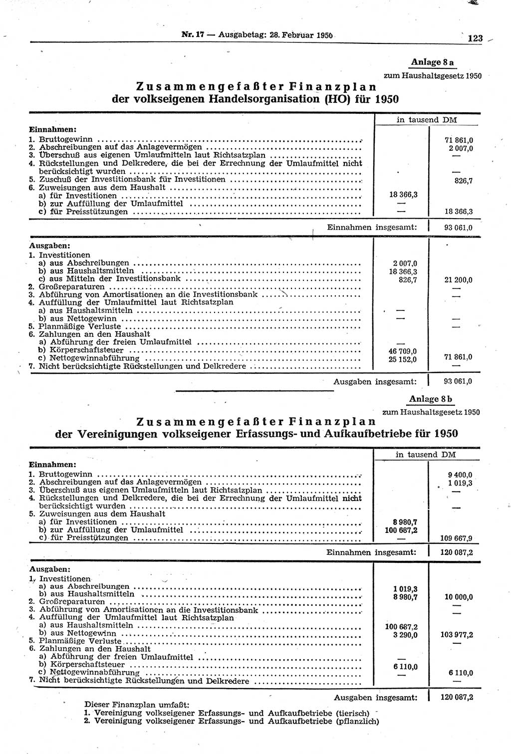 Gesetzblatt (GBl.) der Deutschen Demokratischen Republik (DDR) 1950, Seite 123 (GBl. DDR 1950, S. 123)