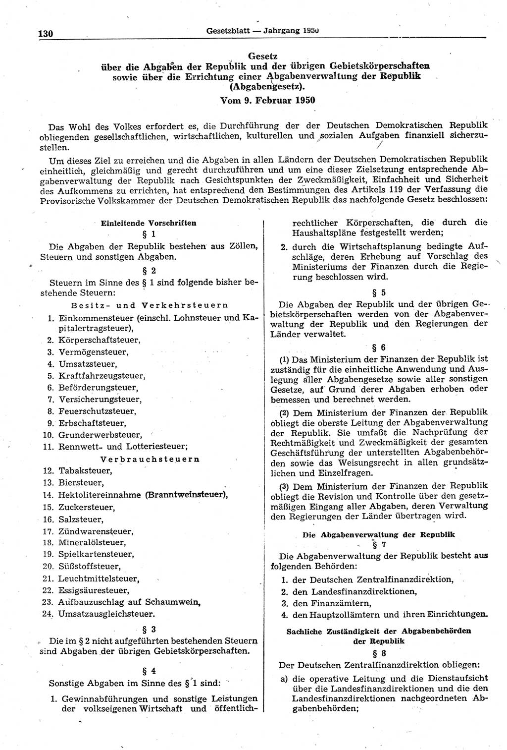 Gesetzblatt (GBl.) der Deutschen Demokratischen Republik (DDR) 1950, Seite 130 (GBl. DDR 1950, S. 130)