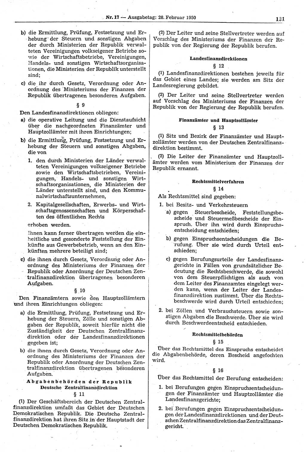 Gesetzblatt (GBl.) der Deutschen Demokratischen Republik (DDR) 1950, Seite 131 (GBl. DDR 1950, S. 131)