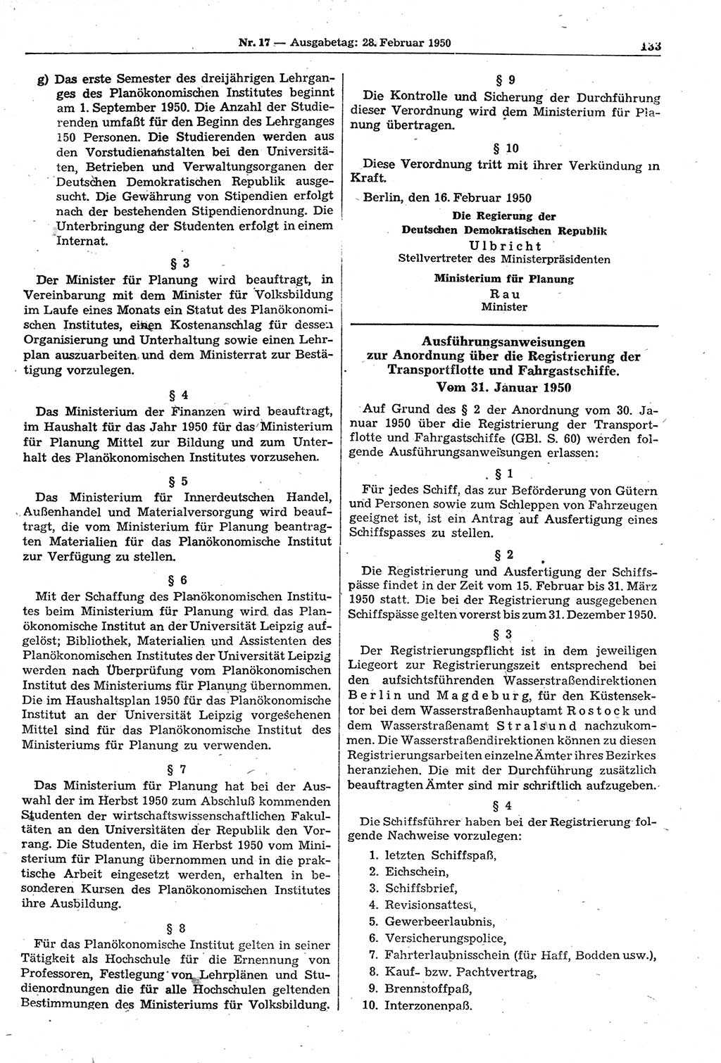 Gesetzblatt (GBl.) der Deutschen Demokratischen Republik (DDR) 1950, Seite 133 (GBl. DDR 1950, S. 133)
