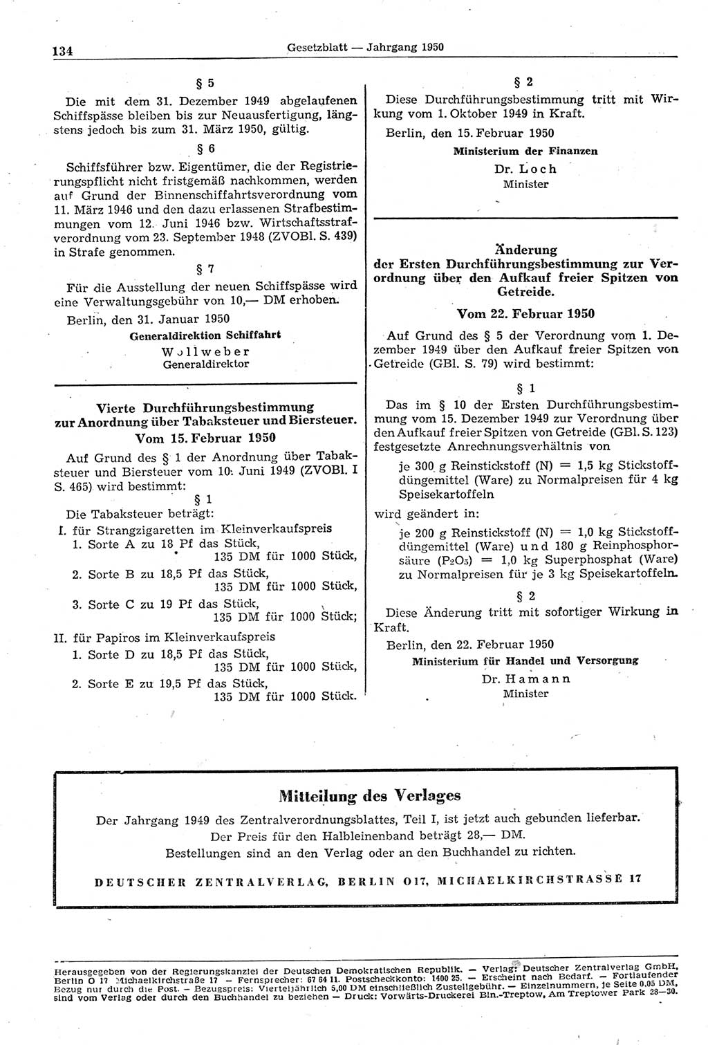 Gesetzblatt (GBl.) der Deutschen Demokratischen Republik (DDR) 1950, Seite 134 (GBl. DDR 1950, S. 134)
