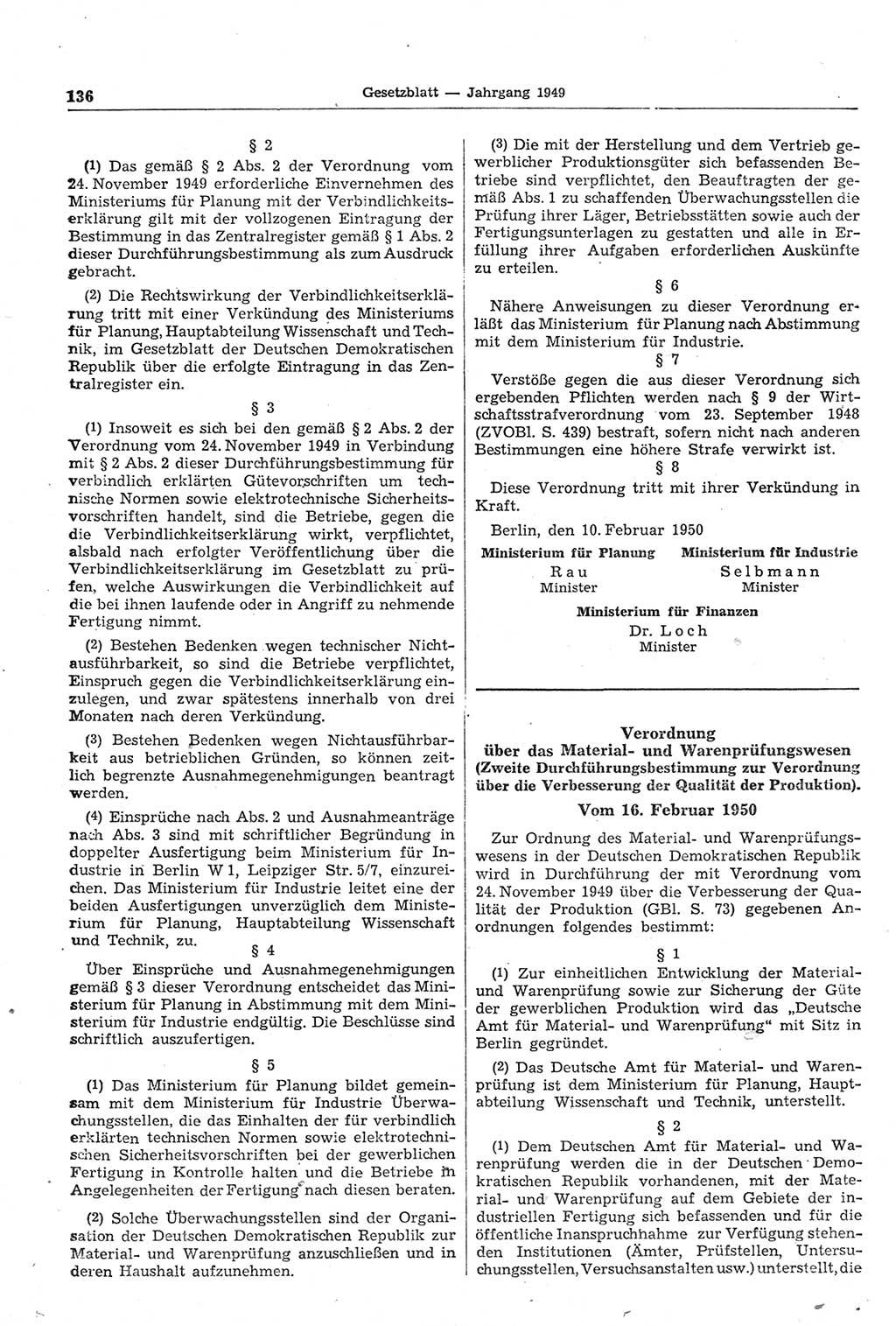 Gesetzblatt (GBl.) der Deutschen Demokratischen Republik (DDR) 1950, Seite 136 (GBl. DDR 1950, S. 136)
