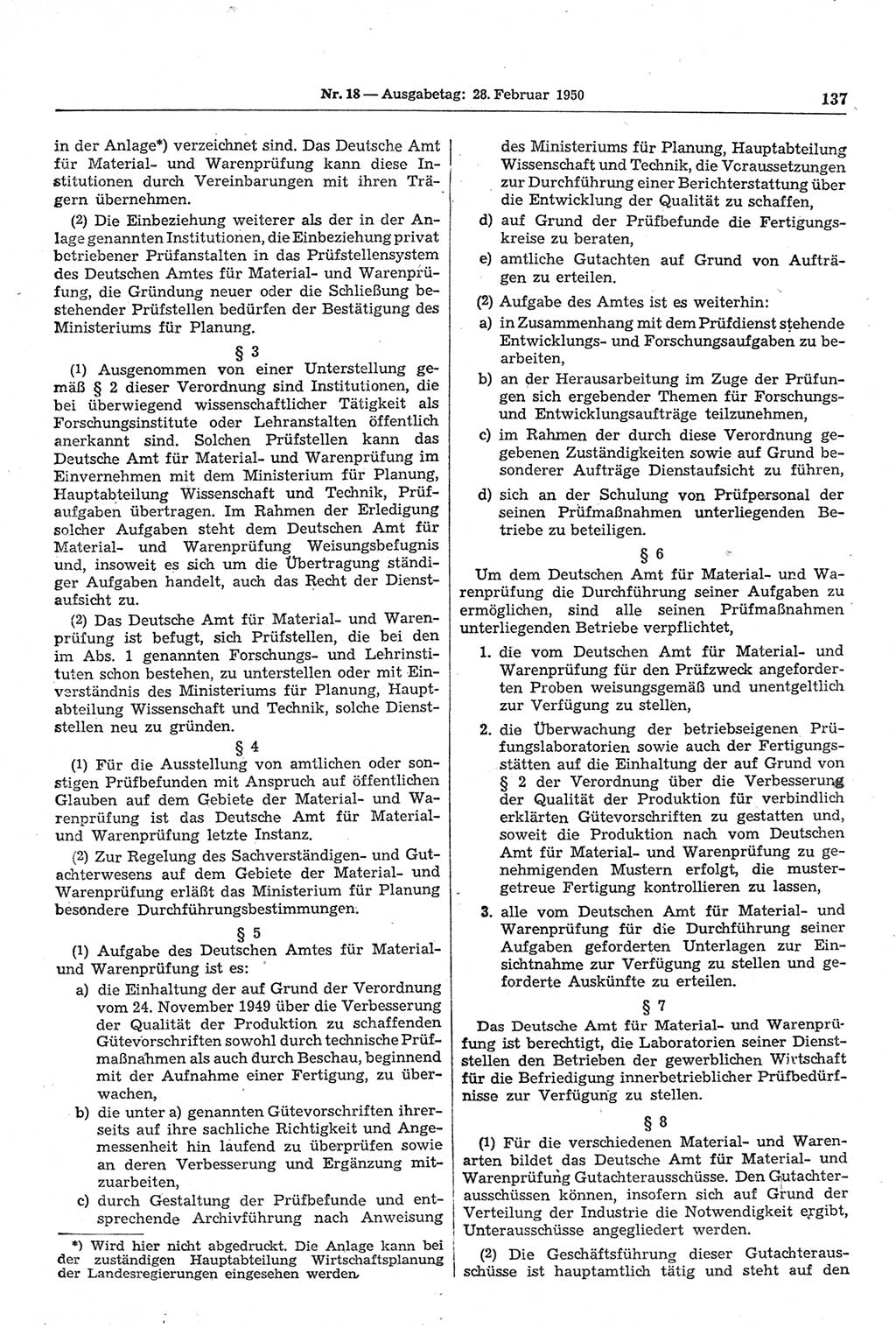Gesetzblatt (GBl.) der Deutschen Demokratischen Republik (DDR) 1950, Seite 137 (GBl. DDR 1950, S. 137)