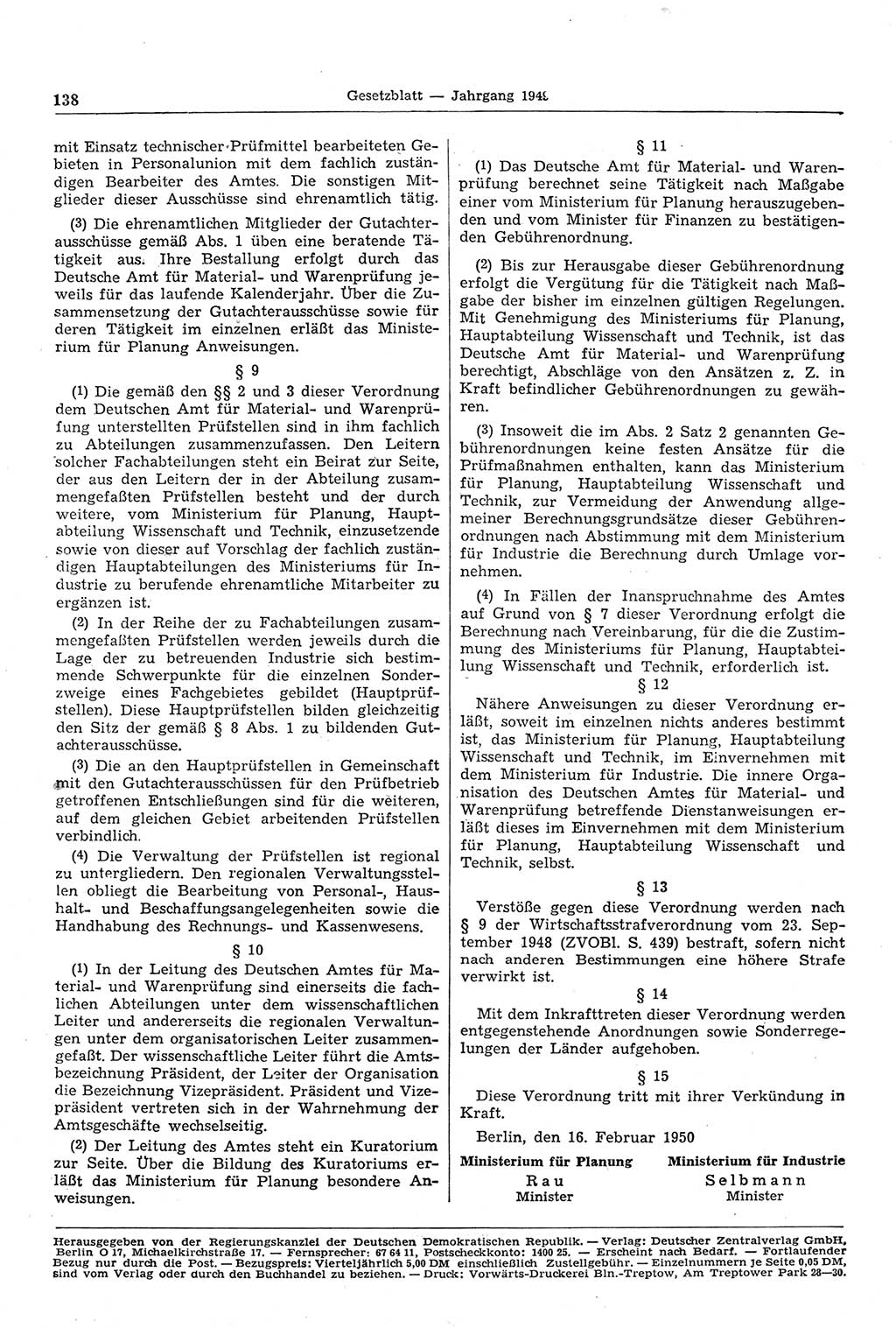 Gesetzblatt (GBl.) der Deutschen Demokratischen Republik (DDR) 1950, Seite 138 (GBl. DDR 1950, S. 138)