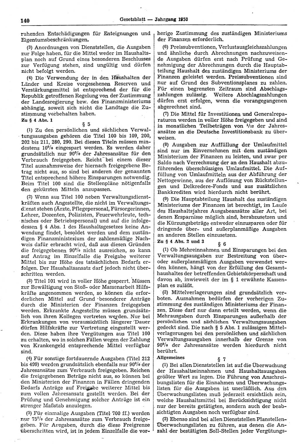 Gesetzblatt (GBl.) der Deutschen Demokratischen Republik (DDR) 1950, Seite 140 (GBl. DDR 1950, S. 140)
