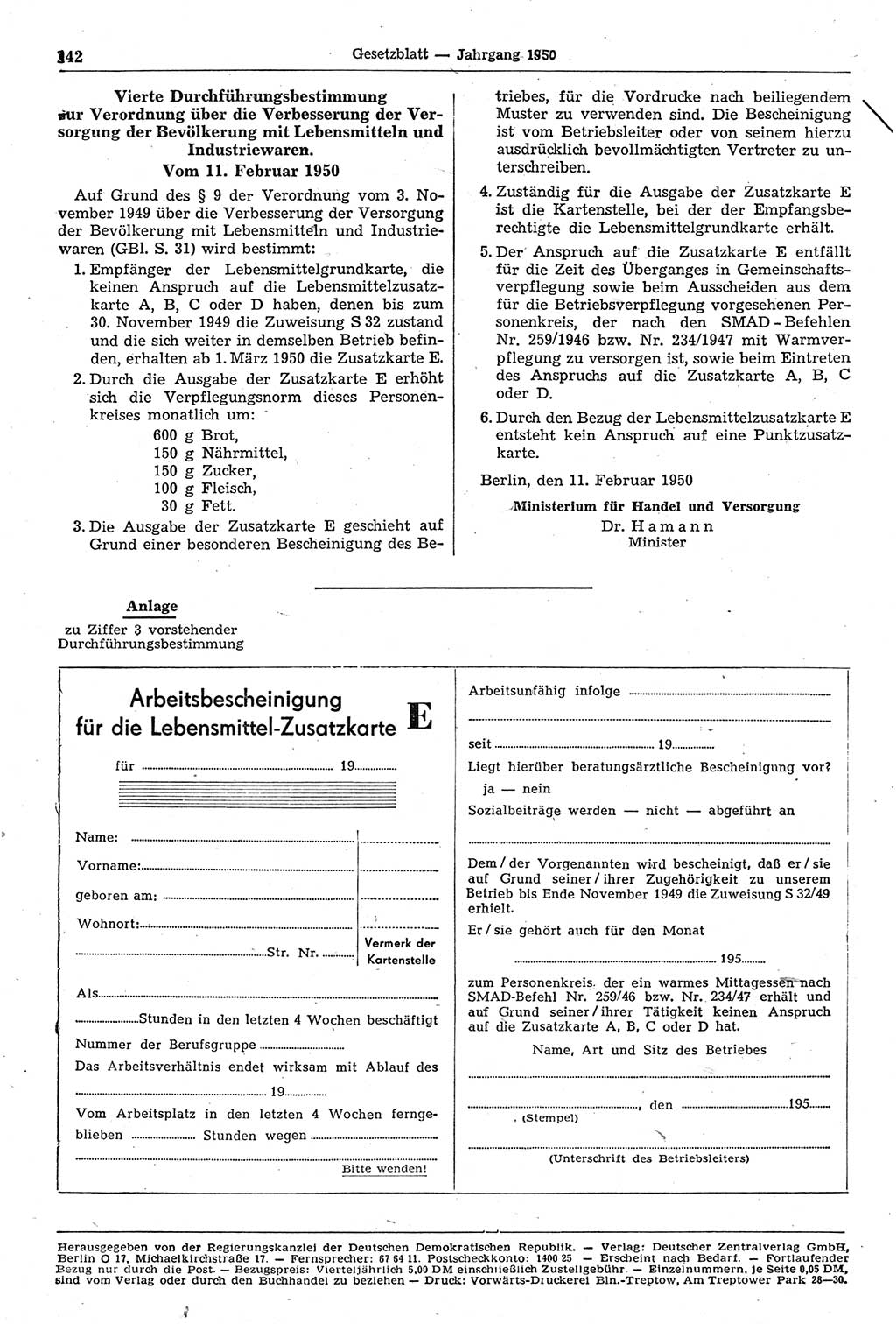 Gesetzblatt (GBl.) der Deutschen Demokratischen Republik (DDR) 1950, Seite 142 (GBl. DDR 1950, S. 142)