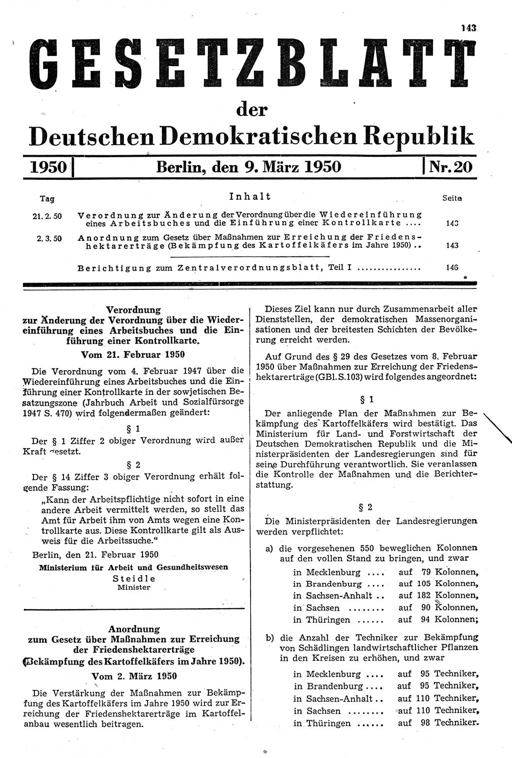 Gesetzblatt (GBl.) der Deutschen Demokratischen Republik (DDR) 1950, Seite 143 (GBl. DDR 1950, S. 143)