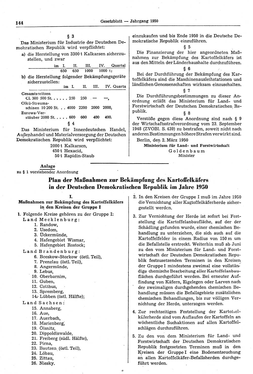 Gesetzblatt (GBl.) der Deutschen Demokratischen Republik (DDR) 1950, Seite 144 (GBl. DDR 1950, S. 144)