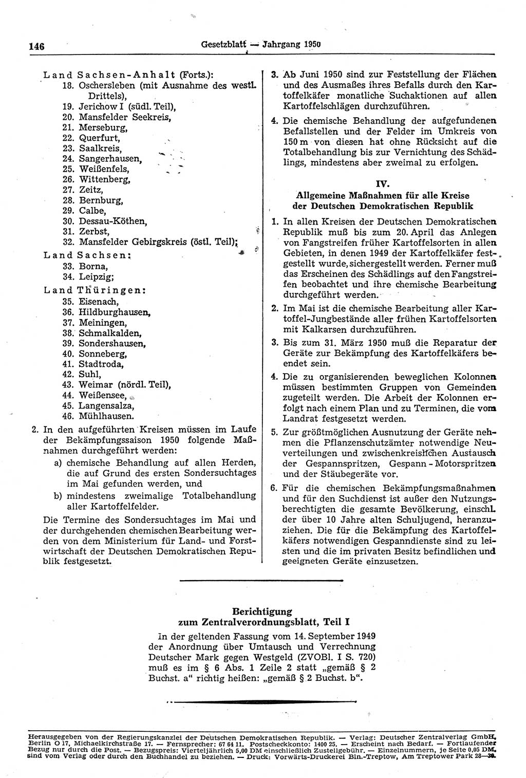 Gesetzblatt (GBl.) der Deutschen Demokratischen Republik (DDR) 1950, Seite 146 (GBl. DDR 1950, S. 146)
