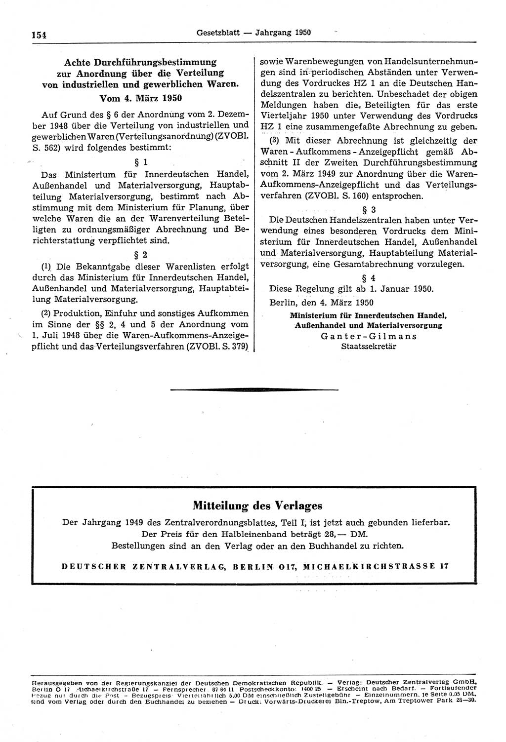 Gesetzblatt (GBl.) der Deutschen Demokratischen Republik (DDR) 1950, Seite 154 (GBl. DDR 1950, S. 154)