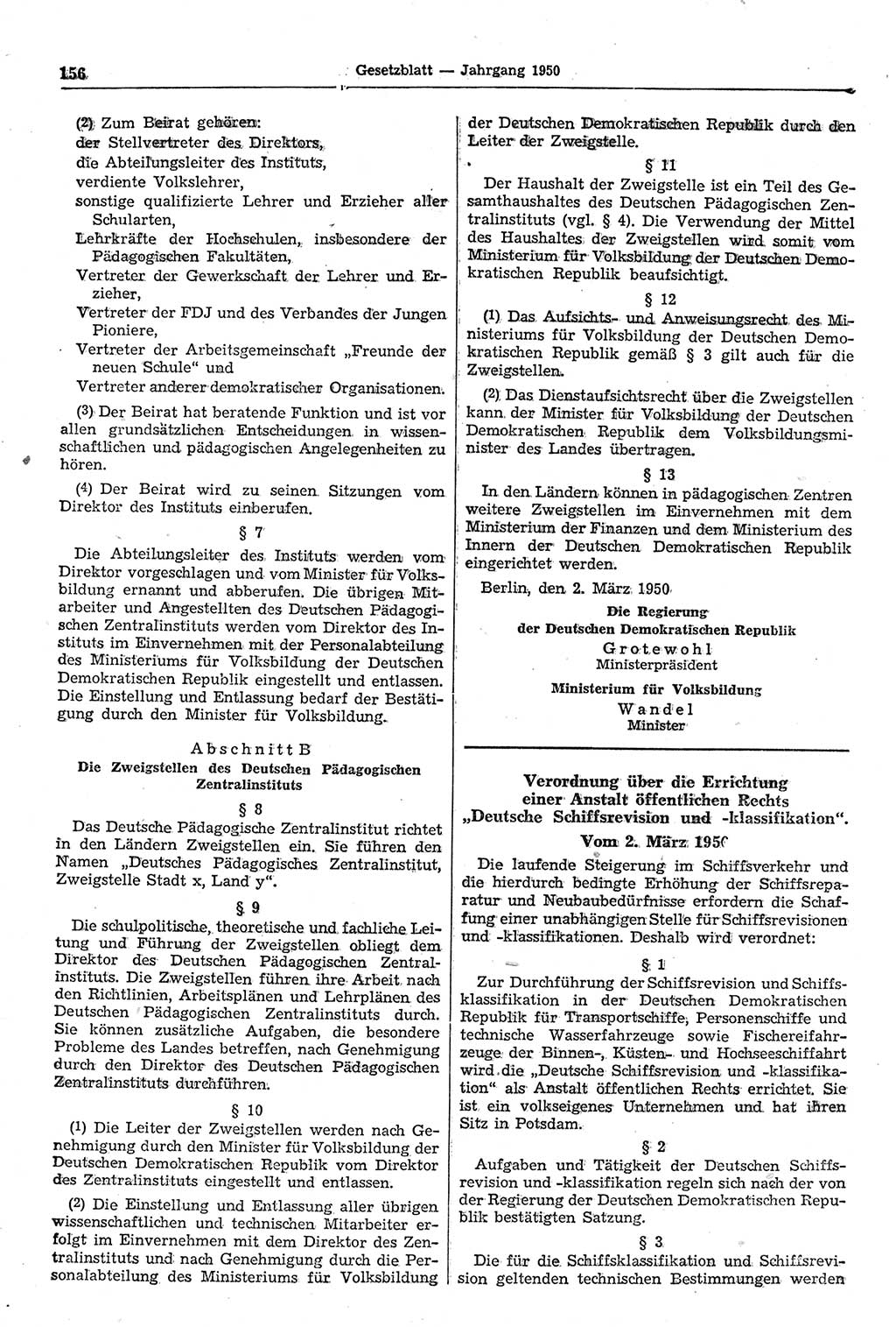 Gesetzblatt (GBl.) der Deutschen Demokratischen Republik (DDR) 1950, Seite 156 (GBl. DDR 1950, S. 156)