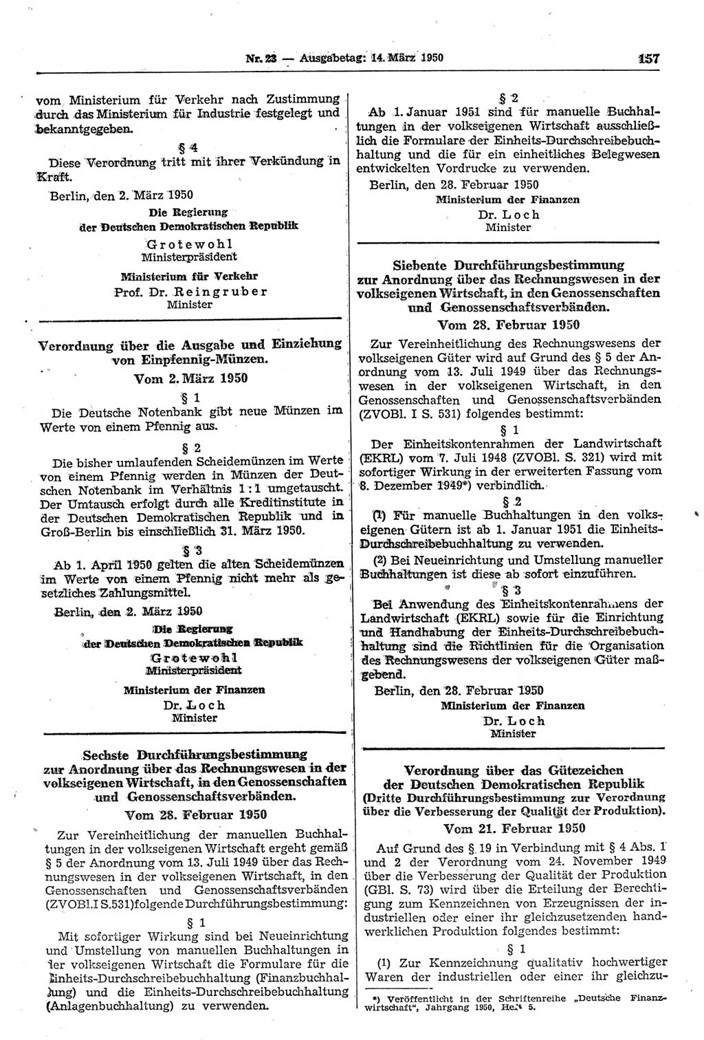 Gesetzblatt (GBl.) der Deutschen Demokratischen Republik (DDR) 1950, Seite 157 (GBl. DDR 1950, S. 157)