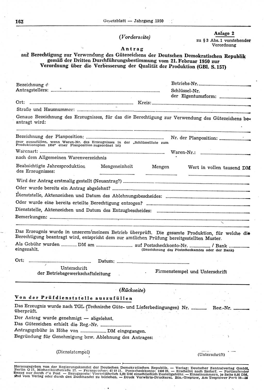 Gesetzblatt (GBl.) der Deutschen Demokratischen Republik (DDR) 1950, Seite 162 (GBl. DDR 1950, S. 162)