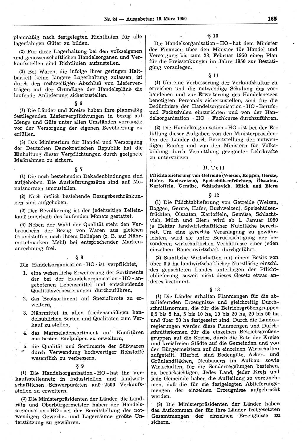 Gesetzblatt (GBl.) der Deutschen Demokratischen Republik (DDR) 1950, Seite 165 (GBl. DDR 1950, S. 165)