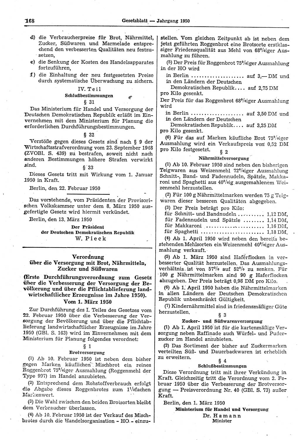 Gesetzblatt (GBl.) der Deutschen Demokratischen Republik (DDR) 1950, Seite 168 (GBl. DDR 1950, S. 168)