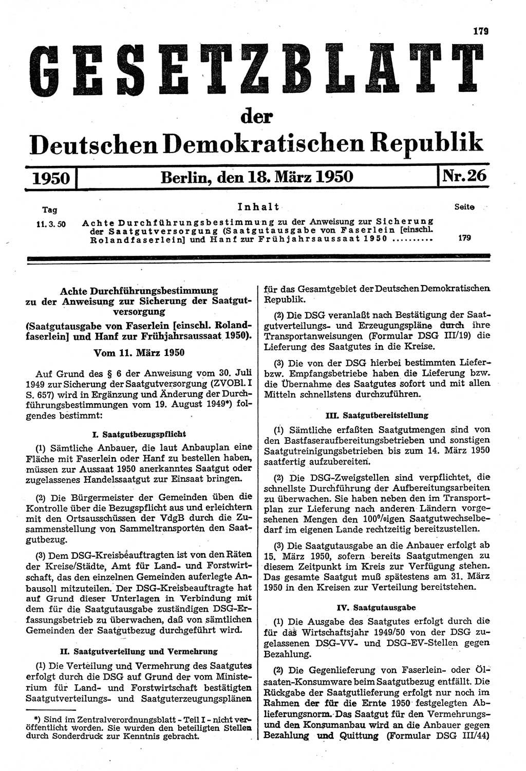 Gesetzblatt (GBl.) der Deutschen Demokratischen Republik (DDR) 1950, Seite 179 (GBl. DDR 1950, S. 179)