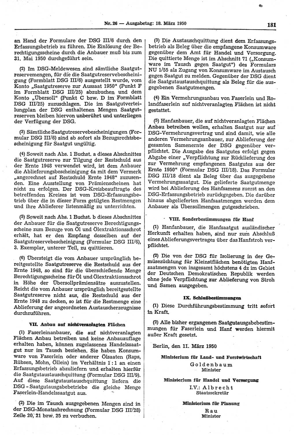 Gesetzblatt (GBl.) der Deutschen Demokratischen Republik (DDR) 1950, Seite 181 (GBl. DDR 1950, S. 181)