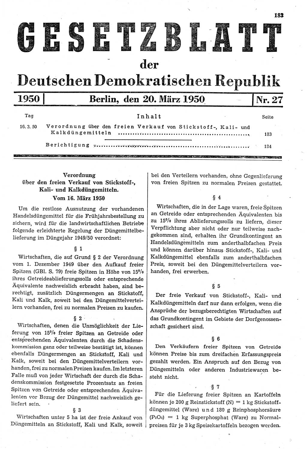 Gesetzblatt (GBl.) der Deutschen Demokratischen Republik (DDR) 1950, Seite 183 (GBl. DDR 1950, S. 183)