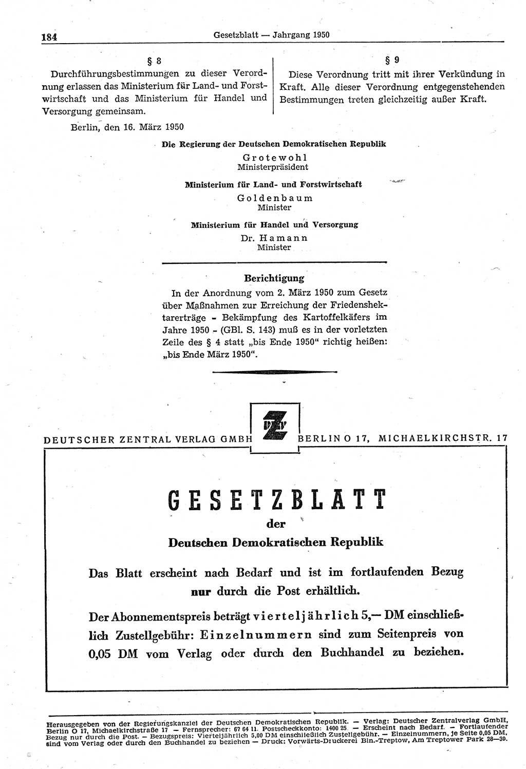Gesetzblatt (GBl.) der Deutschen Demokratischen Republik (DDR) 1950, Seite 184 (GBl. DDR 1950, S. 184)