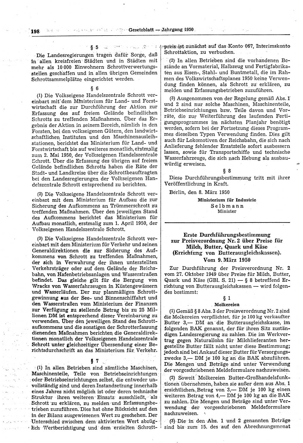 Gesetzblatt (GBl.) der Deutschen Demokratischen Republik (DDR) 1950, Seite 198 (GBl. DDR 1950, S. 198)