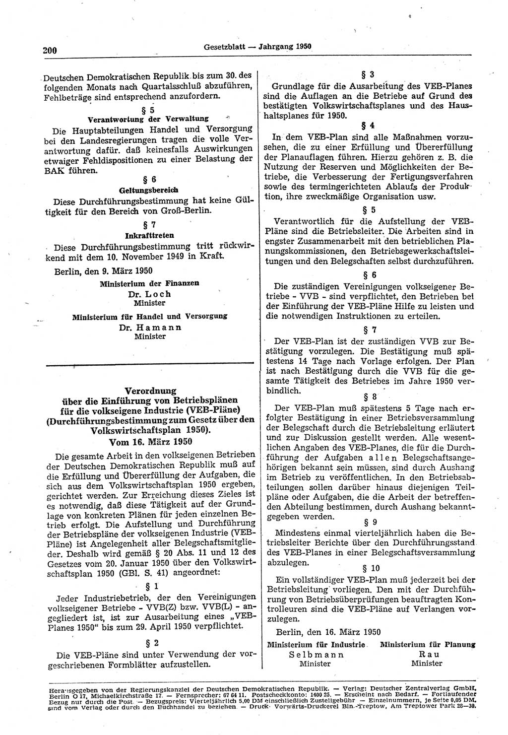 Gesetzblatt (GBl.) der Deutschen Demokratischen Republik (DDR) 1950, Seite 200 (GBl. DDR 1950, S. 200)