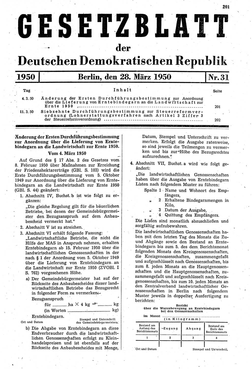 Gesetzblatt (GBl.) der Deutschen Demokratischen Republik (DDR) 1950, Seite 201 (GBl. DDR 1950, S. 201)