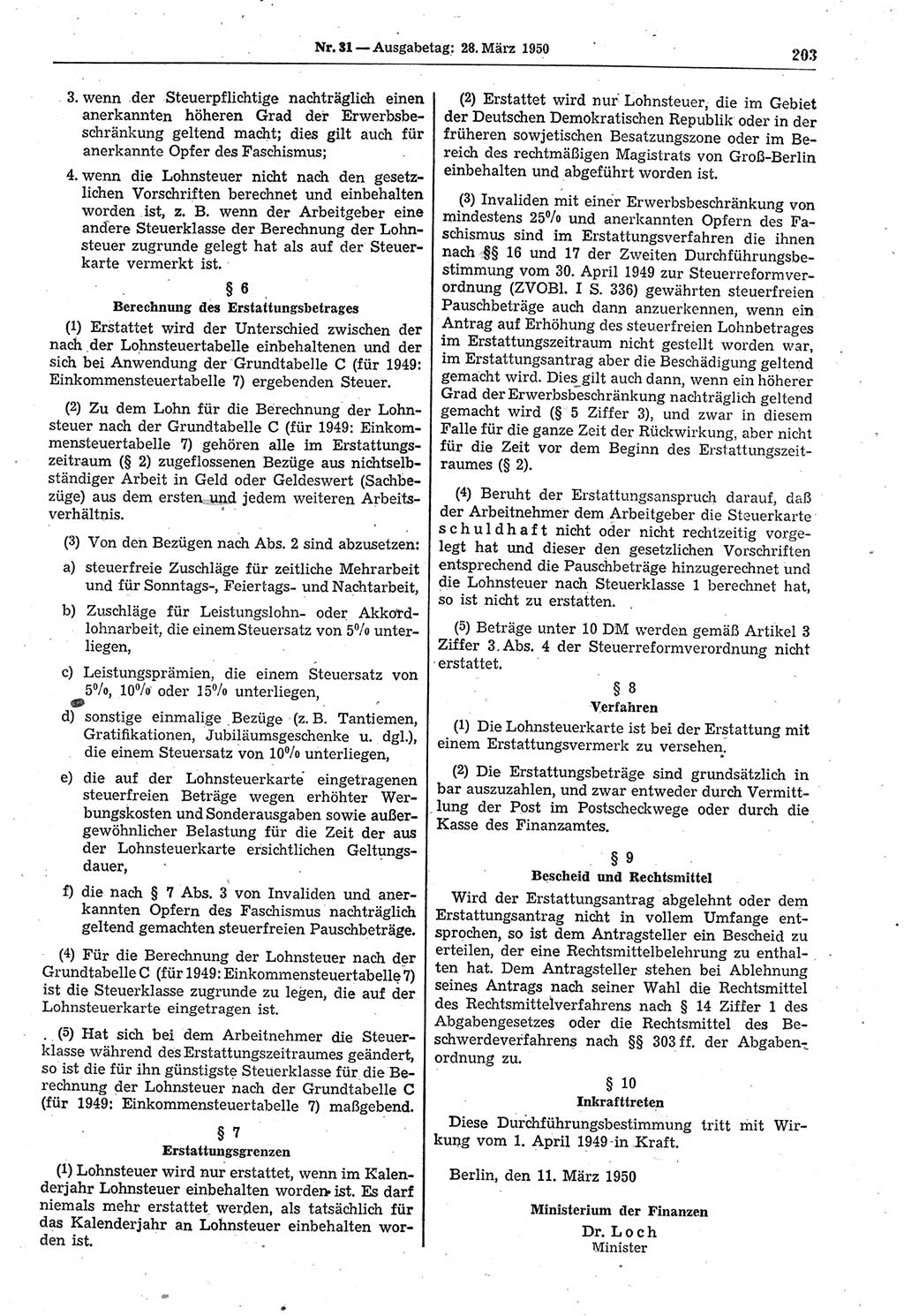 Gesetzblatt (GBl.) der Deutschen Demokratischen Republik (DDR) 1950, Seite 203 (GBl. DDR 1950, S. 203)