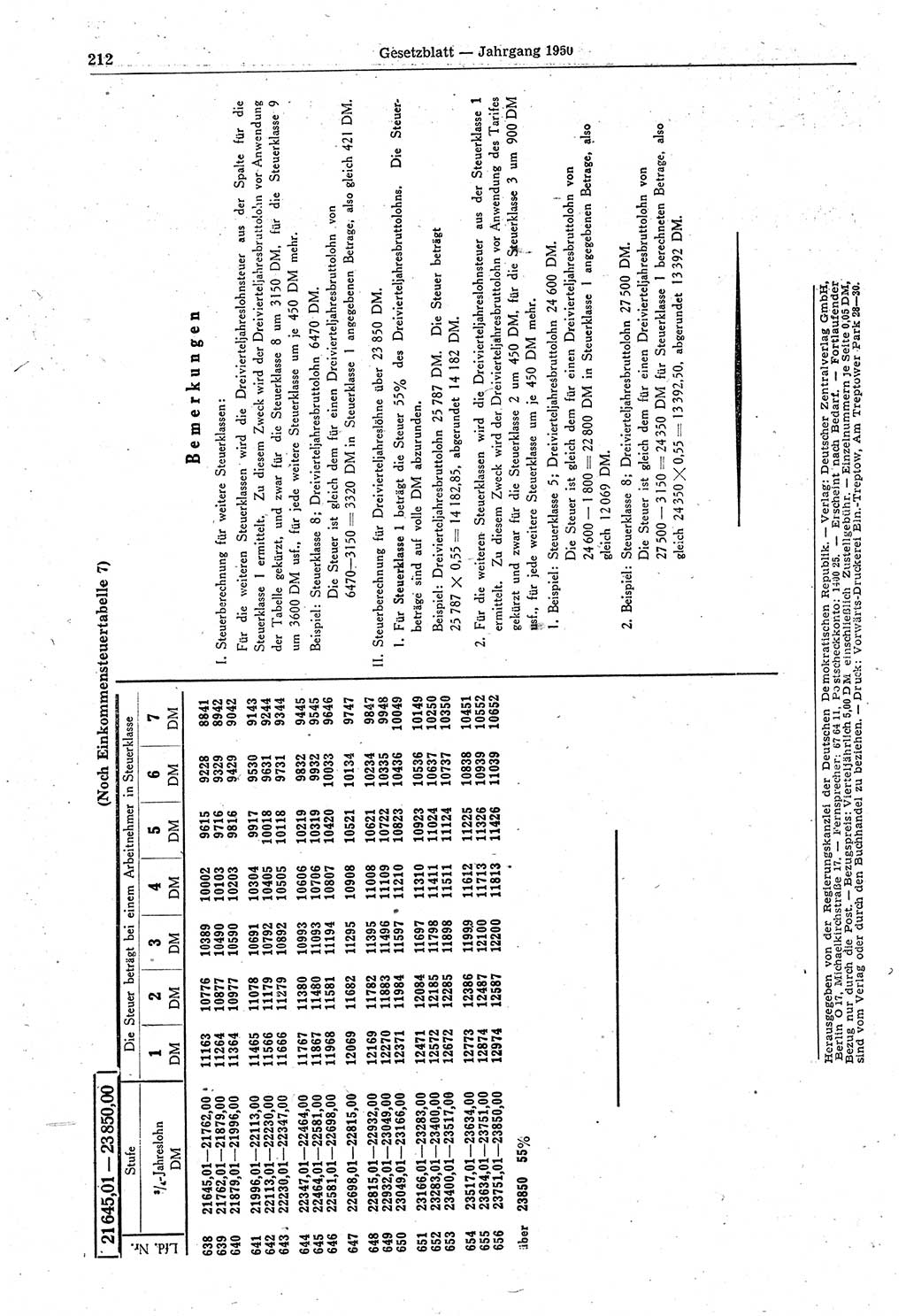 Gesetzblatt (GBl.) der Deutschen Demokratischen Republik (DDR) 1950, Seite 212 (GBl. DDR 1950, S. 212)