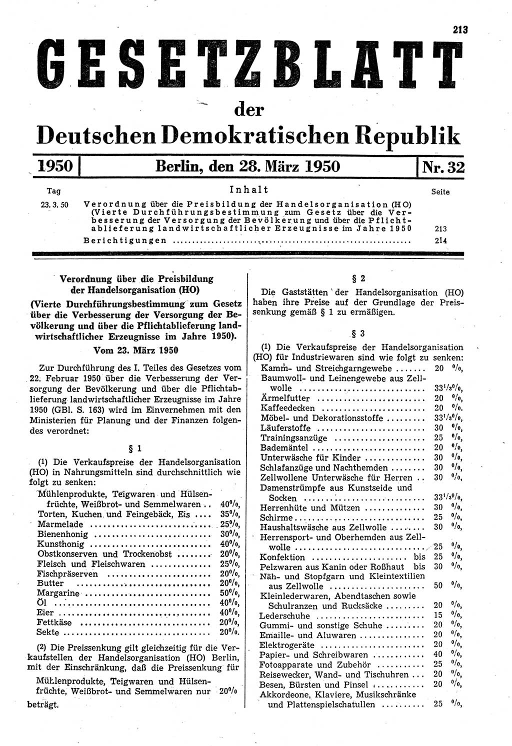 Gesetzblatt (GBl.) der Deutschen Demokratischen Republik (DDR) 1950, Seite 213 (GBl. DDR 1950, S. 213)