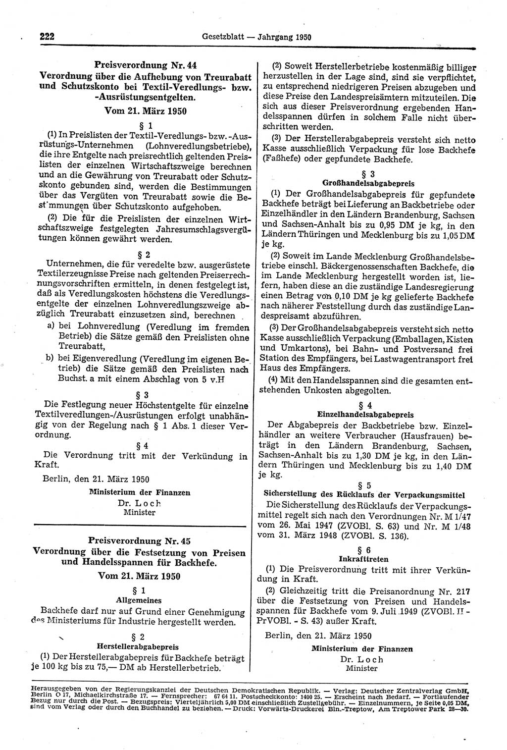 Gesetzblatt (GBl.) der Deutschen Demokratischen Republik (DDR) 1950, Seite 222 (GBl. DDR 1950, S. 222)