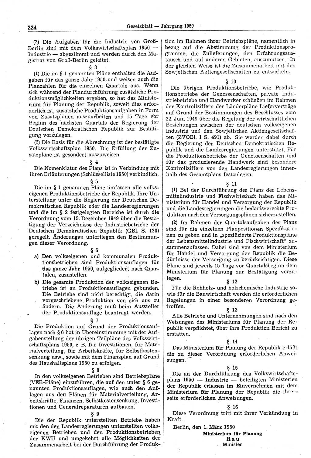 Gesetzblatt (GBl.) der Deutschen Demokratischen Republik (DDR) 1950, Seite 224 (GBl. DDR 1950, S. 224)