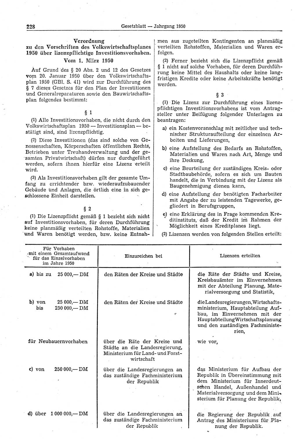 Gesetzblatt (GBl.) der Deutschen Demokratischen Republik (DDR) 1950, Seite 228 (GBl. DDR 1950, S. 228)