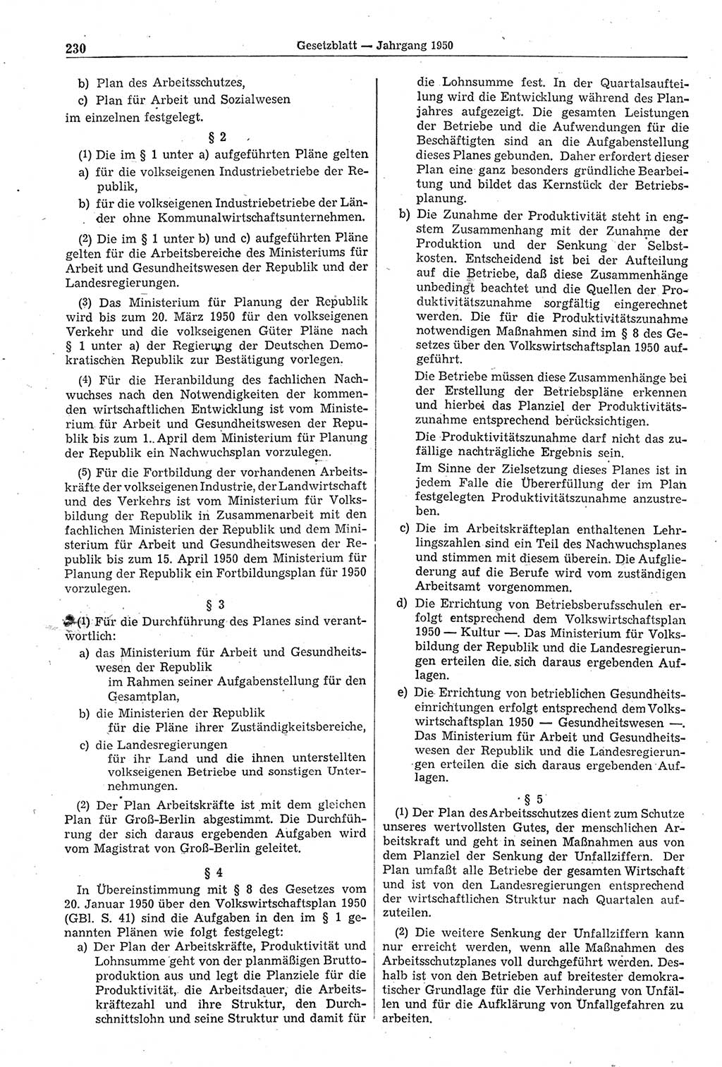 Gesetzblatt (GBl.) der Deutschen Demokratischen Republik (DDR) 1950, Seite 230 (GBl. DDR 1950, S. 230)