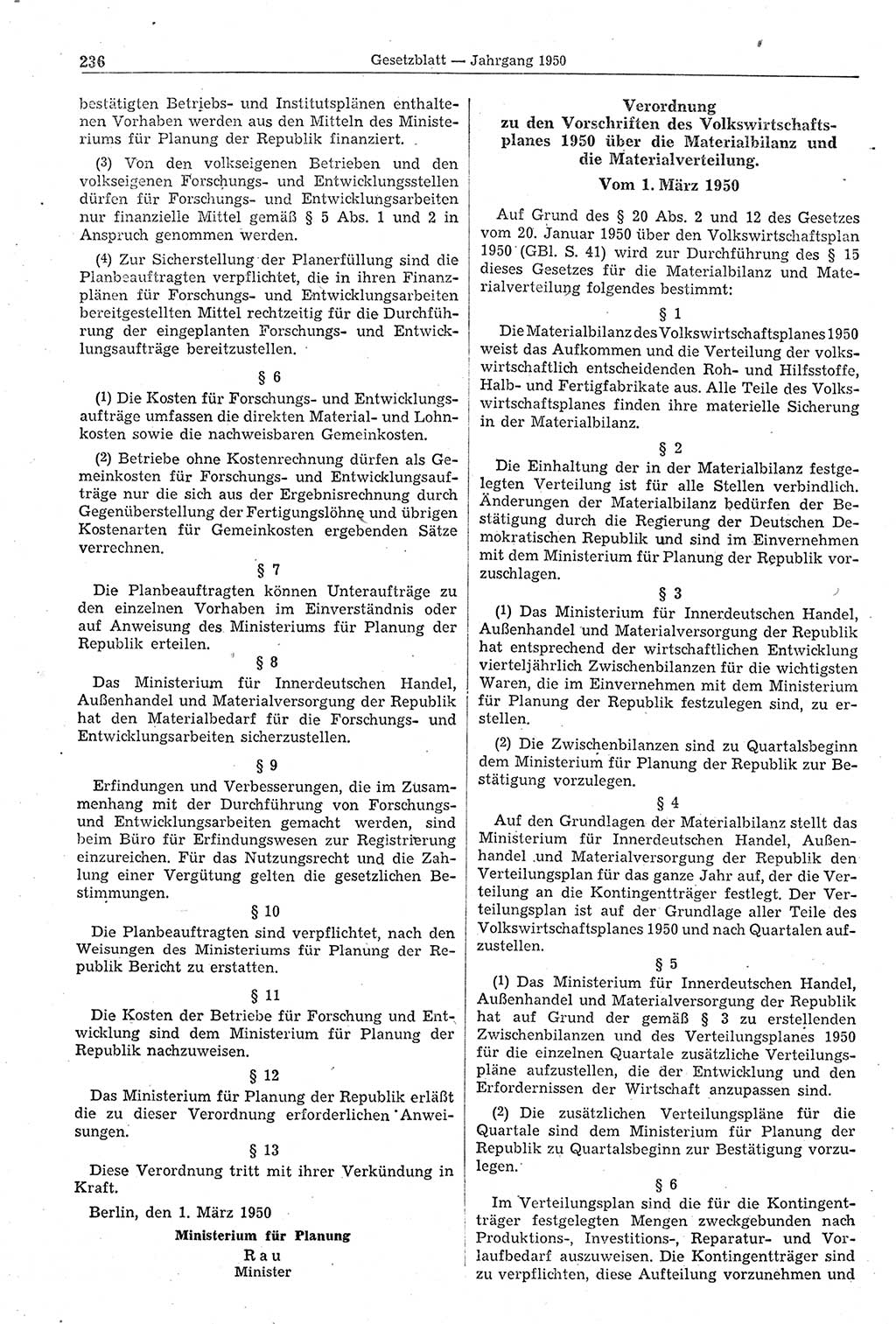 Gesetzblatt (GBl.) der Deutschen Demokratischen Republik (DDR) 1950, Seite 236 (GBl. DDR 1950, S. 236)